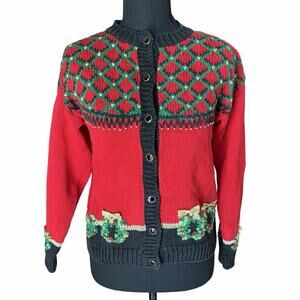 Vintage Lydia Jane Christmas Cardigan Womens M 10-12 Wreath Knit Holiday Sweater